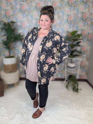 Hannah Ribbed Shirket in Charcoal Floral-4- Overlayer Tops-HEIMISH-Styled by Stacked - A Plus Size Women's Boutique in Lakeville, MN