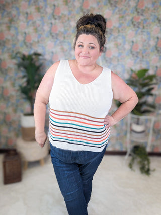 Victoria Sweater Knit Tank in Ivory Stripes-1- ShortSlv/Slvless Tops-WHITE BIRCH-Styled by Stacked - A Plus Size Women's Boutique in Lakeville, MN