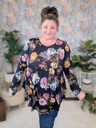 Georgie Scoop Bottom Long Sleeve Babydoll Top in Black Floral-2- Long Sleeve Tops-HEIMISH-Styled by Stacked - A Plus Size Women's Boutique in Lakeville, MN