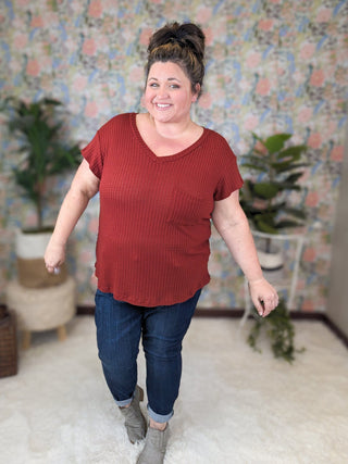 Samantha Short Sleeve Pointelle Sweater Knit Vneck Top-1- ShortSlv/Slvless Tops-BE STAGE-Styled by Stacked - A Plus Size Women's Boutique in Lakeville, MN