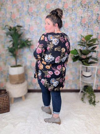 Georgie Scoop Bottom Long Sleeve Babydoll Top in Black Floral-2- Long Sleeve Tops-HEIMISH-Styled by Stacked - A Plus Size Women's Boutique in Lakeville, MN