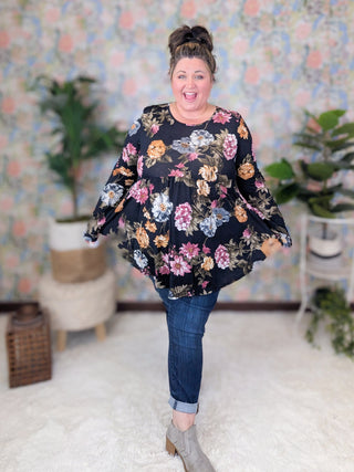 Georgie Scoop Bottom Long Sleeve Babydoll Top in Black Floral-2- Long Sleeve Tops-HEIMISH-Styled by Stacked - A Plus Size Women's Boutique in Lakeville, MN
