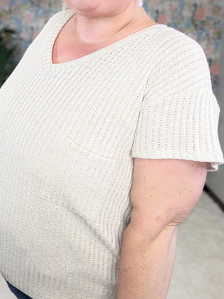 Samantha Short Sleeve Pointelle Sweater Knit Vneck Top-1- ShortSlv/Slvless Tops-BE STAGE-Styled by Stacked - A Plus Size Women's Boutique in Lakeville, MN