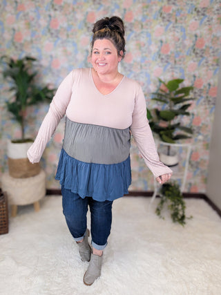 Julia Vneck Tiered Long Sleeve Colorblock Top (2 Colors)-2- Long Sleeve Tops-HEIMISH-Styled by Stacked - A Plus Size Women's Boutique in Lakeville, MN