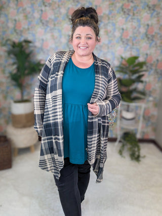 Ronnie Open Cardigan in Gray Mix Plaid-4- Overlayer Tops-HEIMISH-Styled by Stacked - A Plus Size Women's Boutique in Lakeville, MN