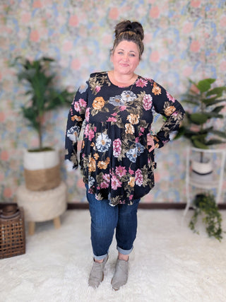 Georgie Scoop Bottom Long Sleeve Babydoll Top in Black Floral-2- Long Sleeve Tops-HEIMISH-Styled by Stacked - A Plus Size Women's Boutique in Lakeville, MN