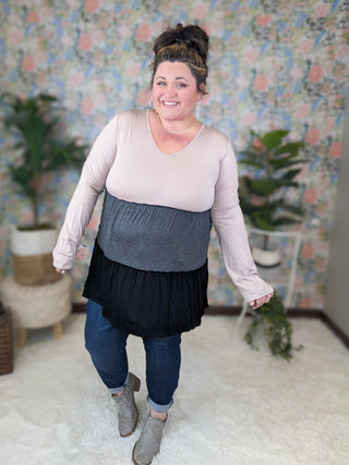 Julia Vneck Tiered Long Sleeve Colorblock Top (2 Colors)-2- Long Sleeve Tops-HEIMISH-Styled by Stacked - A Plus Size Women's Boutique in Lakeville, MN