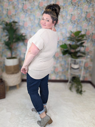 Samantha Short Sleeve Pointelle Sweater Knit Vneck Top-1- ShortSlv/Slvless Tops-BE STAGE-Styled by Stacked - A Plus Size Women's Boutique in Lakeville, MN