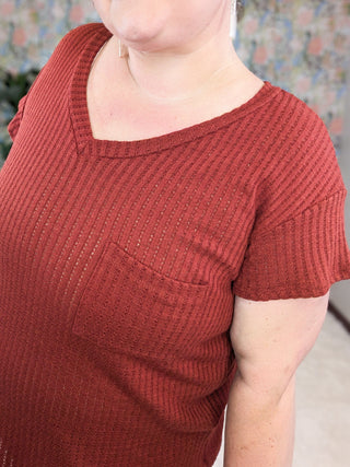 Samantha Short Sleeve Pointelle Sweater Knit Vneck Top-1- ShortSlv/Slvless Tops-BE STAGE-Styled by Stacked - A Plus Size Women's Boutique in Lakeville, MN