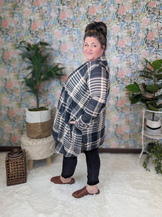 Ronnie Open Cardigan in Gray Mix Plaid-4- Overlayer Tops-HEIMISH-Styled by Stacked - A Plus Size Women's Boutique in Lakeville, MN