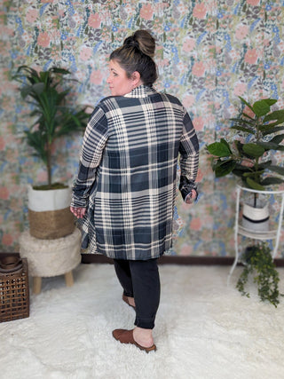 Ronnie Open Cardigan in Gray Mix Plaid-4- Overlayer Tops-HEIMISH-Styled by Stacked - A Plus Size Women's Boutique in Lakeville, MN