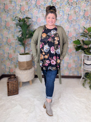 Georgie Scoop Bottom Long Sleeve Babydoll Top in Black Floral-2- Long Sleeve Tops-HEIMISH-Styled by Stacked - A Plus Size Women's Boutique in Lakeville, MN