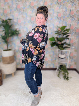 Georgie Scoop Bottom Long Sleeve Babydoll Top in Black Floral-2- Long Sleeve Tops-HEIMISH-Styled by Stacked - A Plus Size Women's Boutique in Lakeville, MN