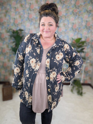 Hannah Ribbed Shirket in Charcoal Floral-4- Overlayer Tops-HEIMISH-Styled by Stacked - A Plus Size Women's Boutique in Lakeville, MN