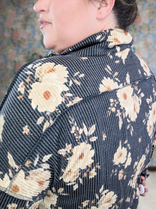 Hannah Ribbed Shirket in Charcoal Floral-4- Overlayer Tops-HEIMISH-Styled by Stacked - A Plus Size Women's Boutique in Lakeville, MN