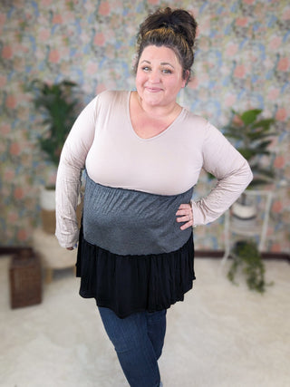 Julia Vneck Tiered Long Sleeve Colorblock Top (2 Colors)-2- Long Sleeve Tops-HEIMISH-Styled by Stacked - A Plus Size Women's Boutique in Lakeville, MN