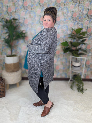 Jasmine Lightweight Open Cardigan in Heathered Black-4- Overlayer Tops-EMERALD-Styled by Stacked - A Plus Size Women's Boutique in Lakeville, MN