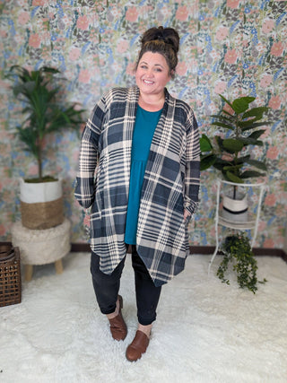Ronnie Open Cardigan in Gray Mix Plaid-4- Overlayer Tops-HEIMISH-Styled by Stacked - A Plus Size Women's Boutique in Lakeville, MN