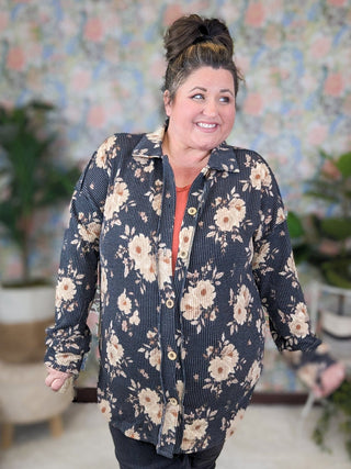 Hannah Ribbed Shirket in Charcoal Floral-4- Overlayer Tops-HEIMISH-Styled by Stacked - A Plus Size Women's Boutique in Lakeville, MN