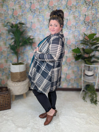 Ronnie Open Cardigan in Gray Mix Plaid-4- Overlayer Tops-HEIMISH-Styled by Stacked - A Plus Size Women's Boutique in Lakeville, MN