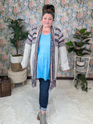 Sabrina Fringed Duster Cardigan in Gray + Navy Blend-4- Overlayer Tops-HAPTICS-Styled by Stacked - A Plus Size Women's Boutique in Lakeville, MN