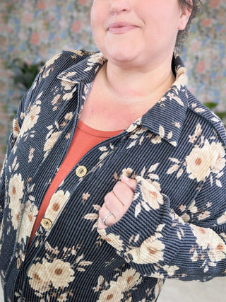 Hannah Ribbed Shirket in Charcoal Floral-4- Overlayer Tops-HEIMISH-Styled by Stacked - A Plus Size Women's Boutique in Lakeville, MN