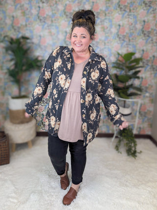 Hannah Ribbed Shirket in Charcoal Floral-4- Overlayer Tops-HEIMISH-Styled by Stacked - A Plus Size Women's Boutique in Lakeville, MN