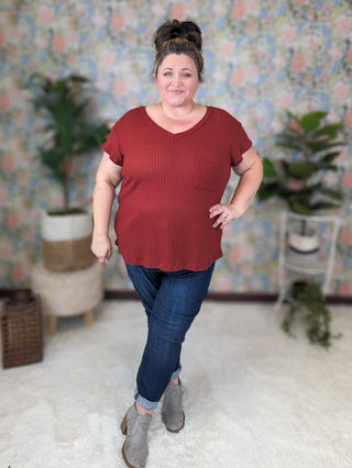 Samantha Short Sleeve Pointelle Sweater Knit Vneck Top-1- ShortSlv/Slvless Tops-BE STAGE-Styled by Stacked - A Plus Size Women's Boutique in Lakeville, MN