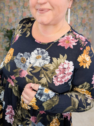Georgie Scoop Bottom Long Sleeve Babydoll Top in Black Floral-2- Long Sleeve Tops-HEIMISH-Styled by Stacked - A Plus Size Women's Boutique in Lakeville, MN