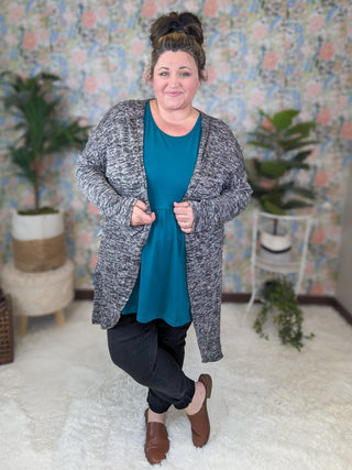 Jasmine Lightweight Open Cardigan in Heathered Black-4- Overlayer Tops-EMERALD-Styled by Stacked - A Plus Size Women's Boutique in Lakeville, MN