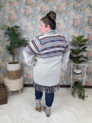 Sabrina Fringed Duster Cardigan in Gray + Navy Blend-4- Overlayer Tops-HAPTICS-Styled by Stacked - A Plus Size Women's Boutique in Lakeville, MN