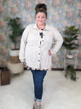 Toni Babydoll Buttondown Shirket in Brushed Waffle Knit-4- Overlayer Tops-HEIMISH-Styled by Stacked - A Plus Size Women's Boutique in Lakeville, MN
