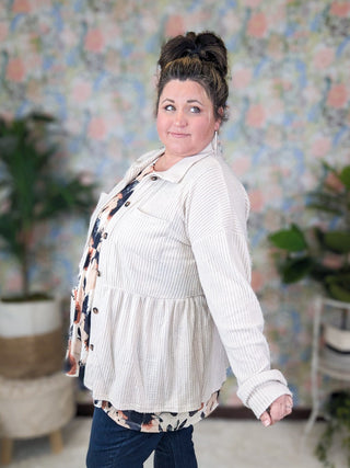 Toni Babydoll Buttondown Shirket in Brushed Waffle Knit-4- Overlayer Tops-HEIMISH-Styled by Stacked - A Plus Size Women's Boutique in Lakeville, MN