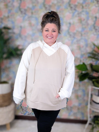 Natalie Crossover Vneck Scuba Hoodie in Mocha + Ivory-3- Hooded Tops-WHITE BIRCH-Styled by Stacked - A Plus Size Women's Boutique in Lakeville, MN