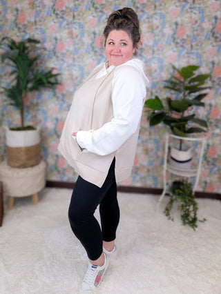Natalie Crossover Vneck Scuba Hoodie in Mocha + Ivory-3- Hooded Tops-WHITE BIRCH-Styled by Stacked - A Plus Size Women's Boutique in Lakeville, MN