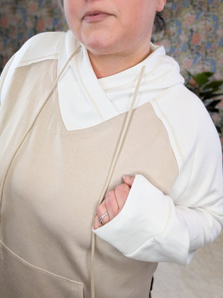 Natalie Crossover Vneck Scuba Hoodie in Mocha + Ivory-3- Hooded Tops-WHITE BIRCH-Styled by Stacked - A Plus Size Women's Boutique in Lakeville, MN