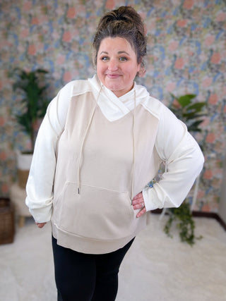 Natalie Crossover Vneck Scuba Hoodie in Mocha + Ivory-3- Hooded Tops-WHITE BIRCH-Styled by Stacked - A Plus Size Women's Boutique in Lakeville, MN