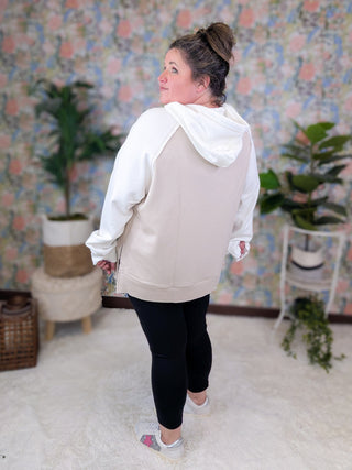 Natalie Crossover Vneck Scuba Hoodie in Mocha + Ivory-3- Hooded Tops-WHITE BIRCH-Styled by Stacked - A Plus Size Women's Boutique in Lakeville, MN