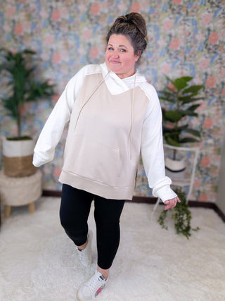 Natalie Crossover Vneck Scuba Hoodie in Mocha + Ivory-3- Hooded Tops-WHITE BIRCH-Styled by Stacked - A Plus Size Women's Boutique in Lakeville, MN