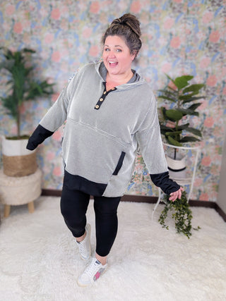 Mally Button Detail Ribbed Hooded Pullover in Black + Ivory-3- Hooded Tops-HEIMISH-Styled by Stacked - A Plus Size Women's Boutique in Lakeville, MN