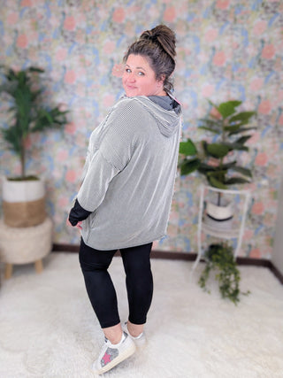 Mally Button Detail Ribbed Hooded Pullover in Black + Ivory-3- Hooded Tops-HEIMISH-Styled by Stacked - A Plus Size Women's Boutique in Lakeville, MN