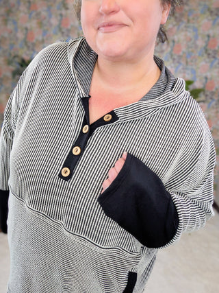 Mally Button Detail Ribbed Hooded Pullover in Black + Ivory-3- Hooded Tops-HEIMISH-Styled by Stacked - A Plus Size Women's Boutique in Lakeville, MN