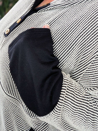 Mally Button Detail Ribbed Hooded Pullover in Black + Ivory-3- Hooded Tops-HEIMISH-Styled by Stacked - A Plus Size Women's Boutique in Lakeville, MN