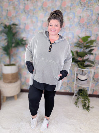 Mally Button Detail Ribbed Hooded Pullover in Black + Ivory-3- Hooded Tops-HEIMISH-Styled by Stacked - A Plus Size Women's Boutique in Lakeville, MN