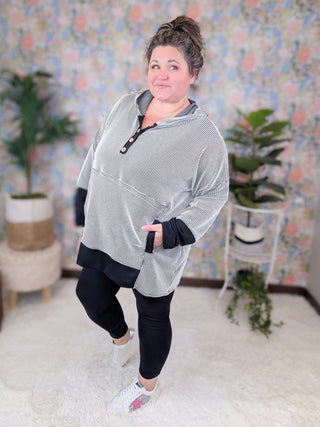 Mally Button Detail Ribbed Hooded Pullover in Black + Ivory-3- Hooded Tops-HEIMISH-Styled by Stacked - A Plus Size Women's Boutique in Lakeville, MN