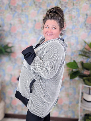 Mally Button Detail Ribbed Hooded Pullover in Black + Ivory-3- Hooded Tops-HEIMISH-Styled by Stacked - A Plus Size Women's Boutique in Lakeville, MN