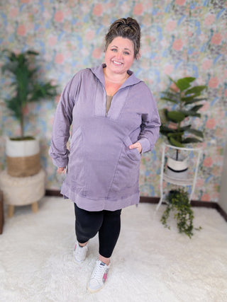 Delphina Athletic Half-Zip Tunic in Dusty Purple-2- Long Sleeve Tops-WHITE BIRCH-Styled by Stacked - A Plus Size Women's Boutique in Lakeville, MN