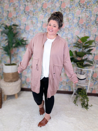 Tori Longline Scuba Knit Zip Up Jacket in Cocoa-4- Overlayer Tops-WHITE BIRCH-Styled by Stacked - A Plus Size Women's Boutique in Lakeville, MN
