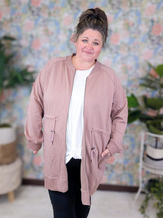 Tori Longline Scuba Knit Zip Up Jacket in Cocoa-4- Overlayer Tops-WHITE BIRCH-Styled by Stacked - A Plus Size Women's Boutique in Lakeville, MN