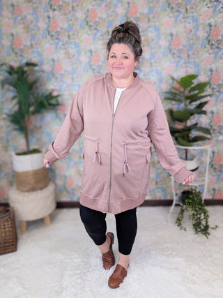 Tori Longline Scuba Knit Zip Up Jacket in Cocoa-4- Overlayer Tops-WHITE BIRCH-Styled by Stacked - A Plus Size Women's Boutique in Lakeville, MN